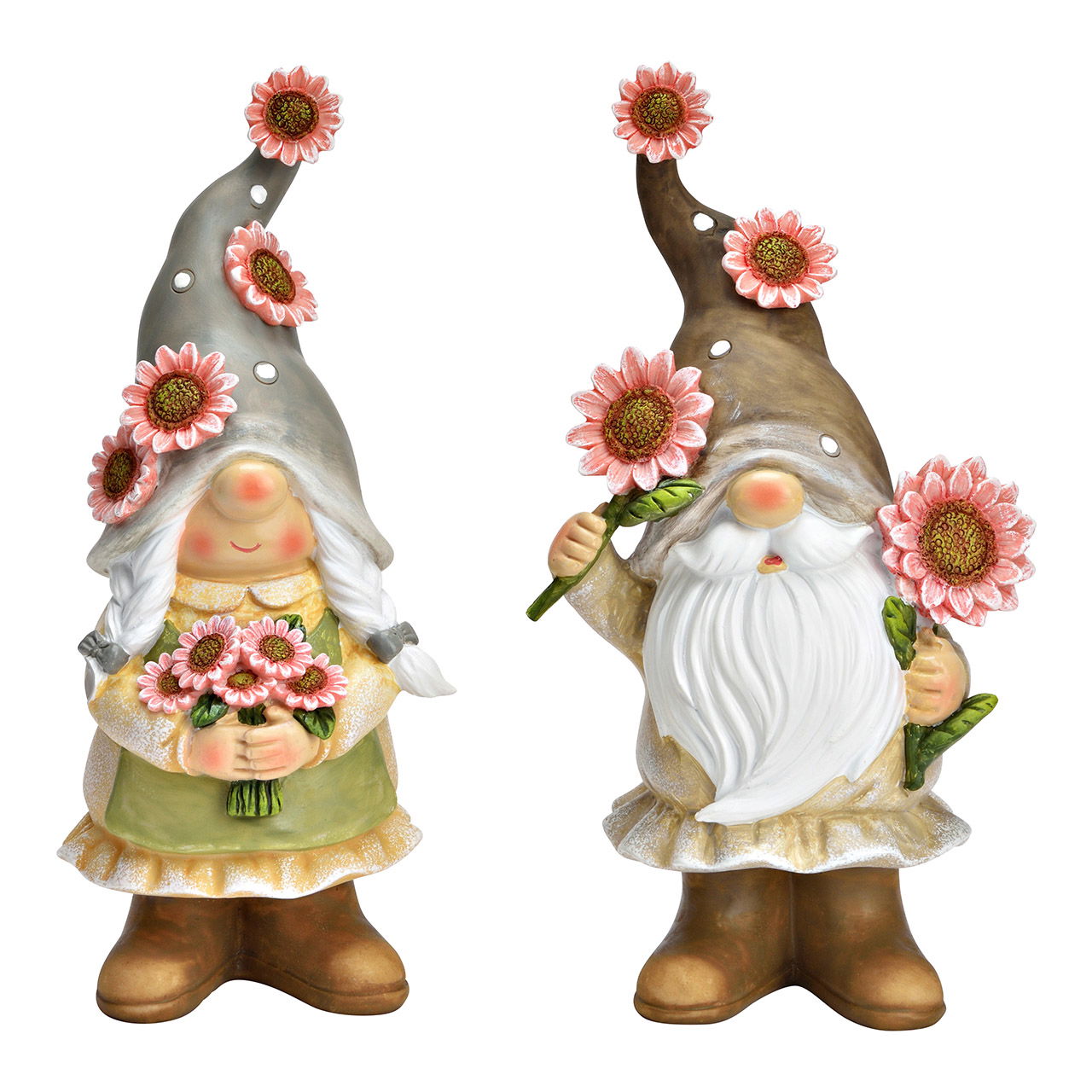 Garden gnome with flowers made of poly colorful 2-fold, (W/H/D) 12x23x10cm