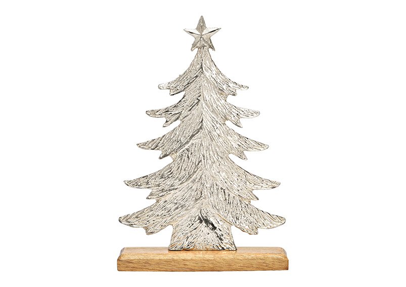 Stand fir tree on mango wood base of metal silver (W/H/D) 18x26x5cm