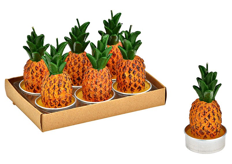 Tealight pineapple 4x8x4cm set of 6, made of wax colorful (W/H/D) 14x9x9cm