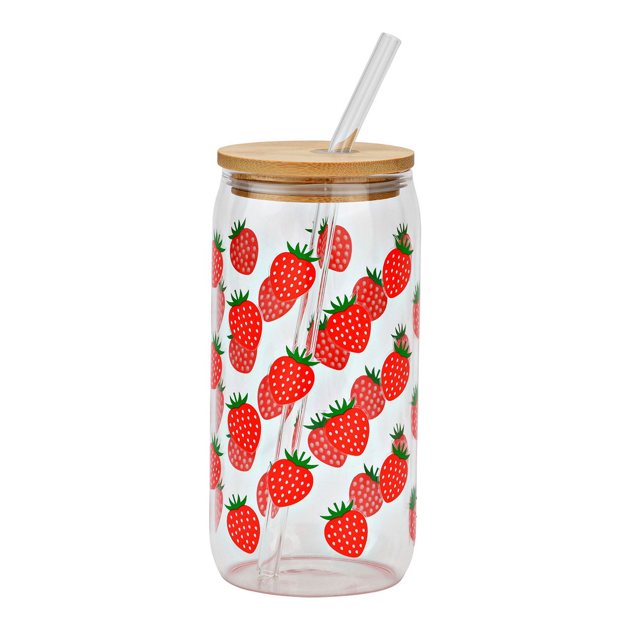 Trinkglas Erdbeeren Dekor mit Bambusdeckel und Strohhalm aus Glas, Rot (B/H/T) 8x15x8cm Trinkglas Erdbeeren Dekor mit Bambusdeckel und Strohhalm aus Glas, Rot (B/H/T) 8x15x8cm
