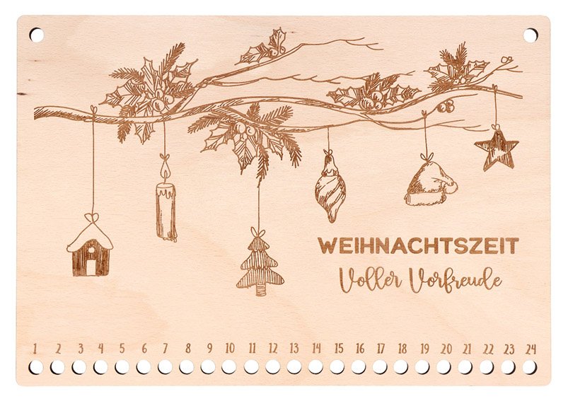Adventskalender Weihnachtszeit voller Vorfreude, Zweige aus Holz natur (B/H) 33x23cm, mit Löchern, zum selbst Befüllen, mit beigelegter Kordel