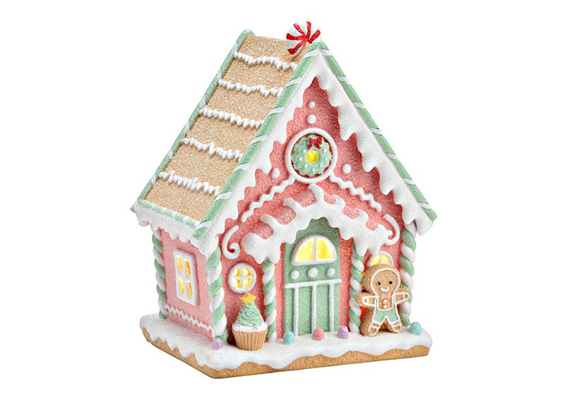 Gingerbread house with LED, mint, pink made of poly colorful (W/H/D) 19x24x15cm, batteryoperated, 2x AAA not inclusive. 
