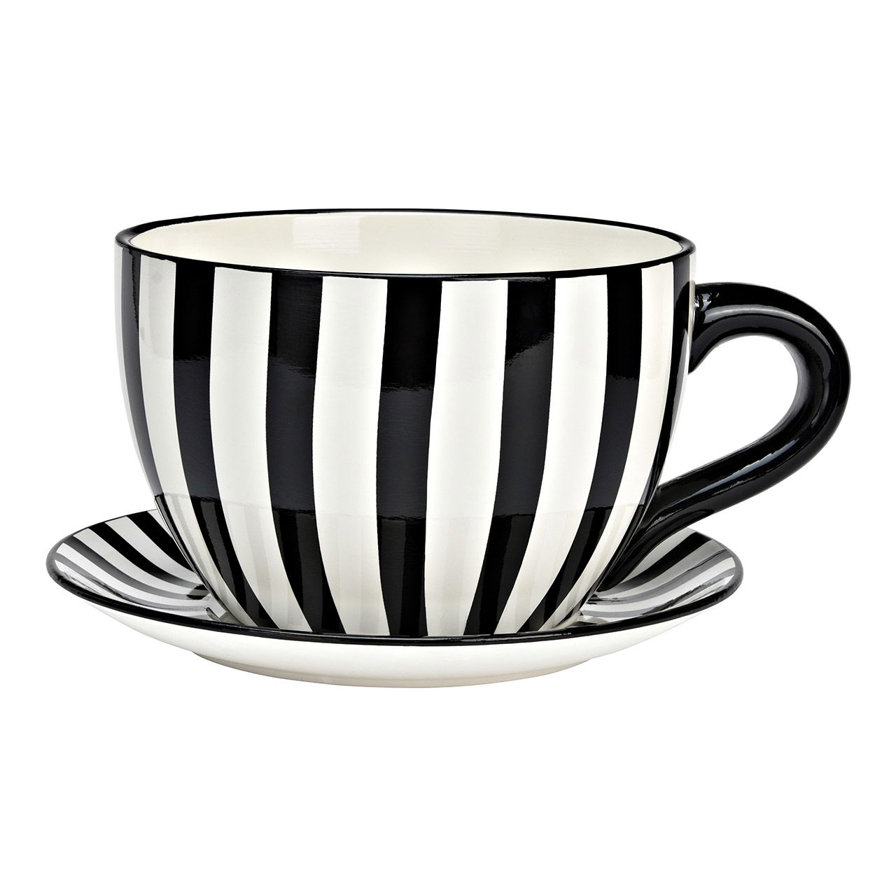 Blumentopf Tasse gestreift aus Keramik, Schwarz/Weiß (B/H/T) 34x16x28cm