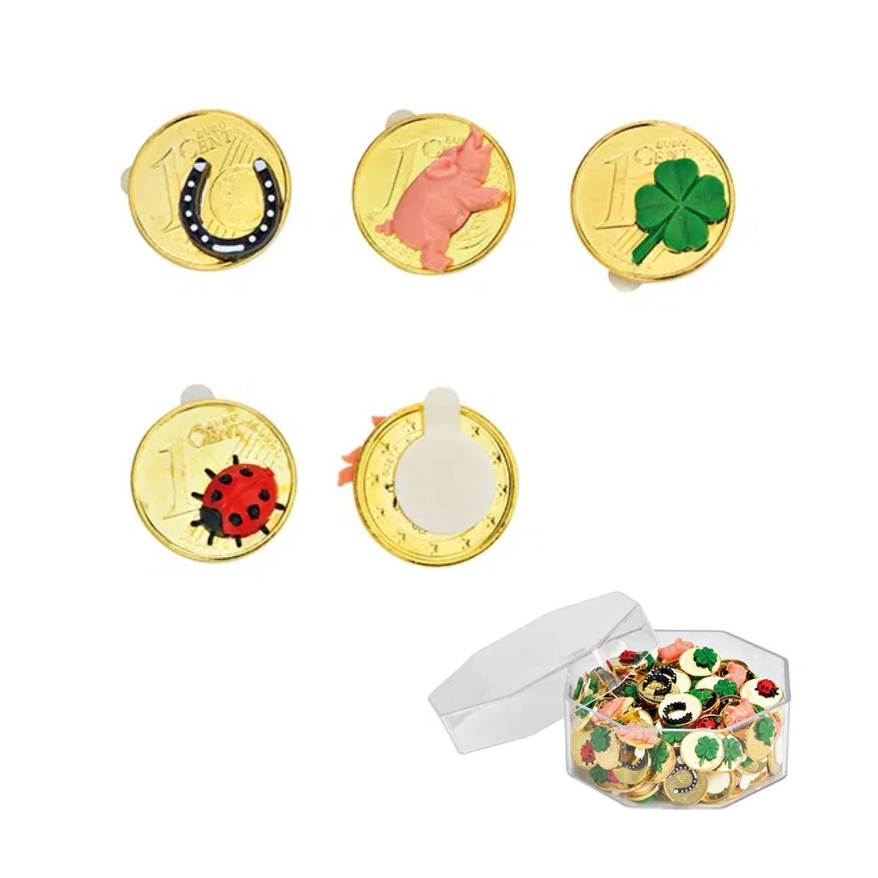 Glücks-Eurocent mit Symbolen aus Metall gold 4-fach, (B/H/T) 1,5x0,2x1,5cm Zubehor, Ohrring, Schmuck