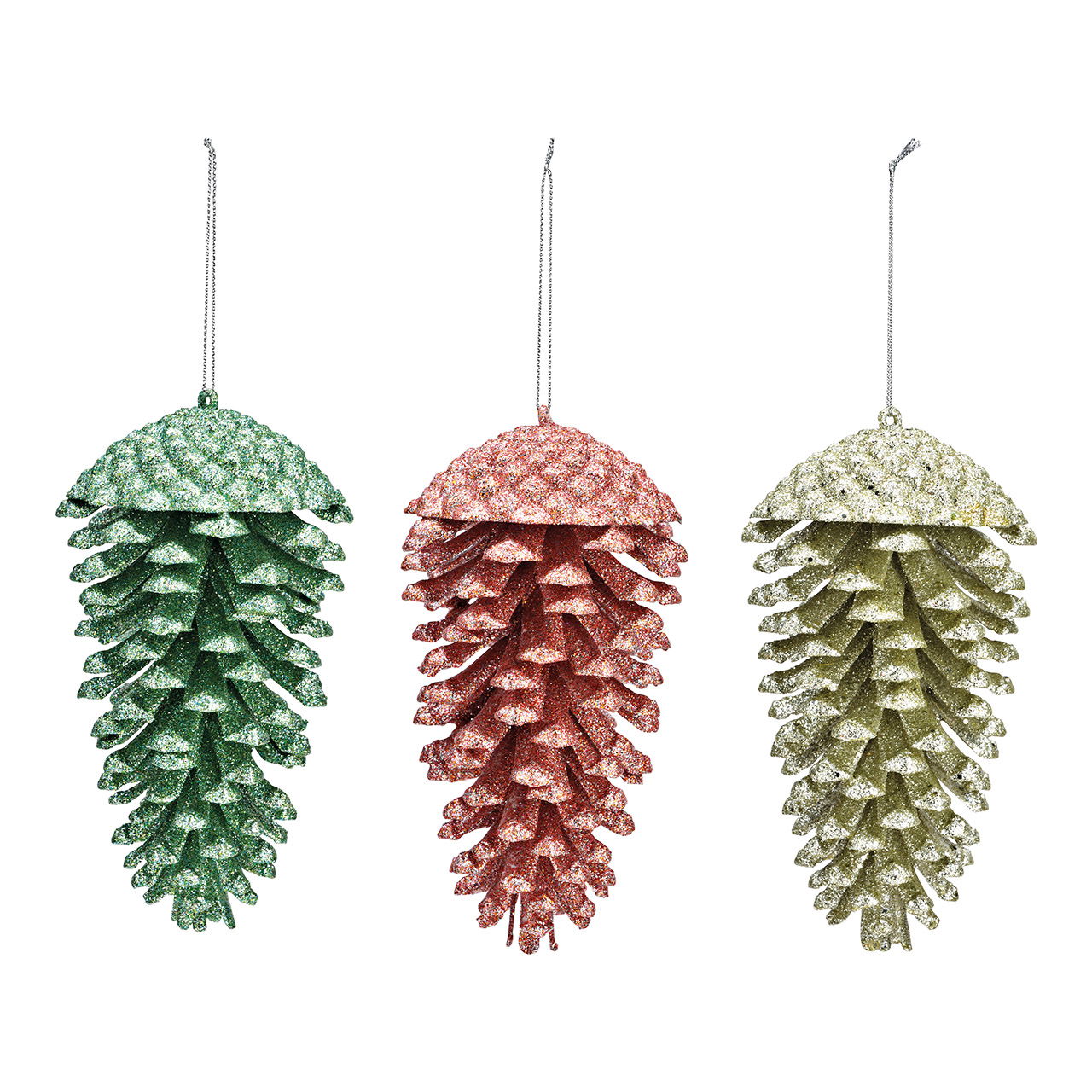 Hanger pine cone with glitter made of plastic champagne, green, pink 3-fold, (W/H/D) 9x16x9cm