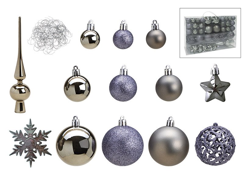 Juego de bolas de Navidad de plástico, gris Juego de 111 piezas, (c/h/d) 36x23x12cm Ø3/4/6cm