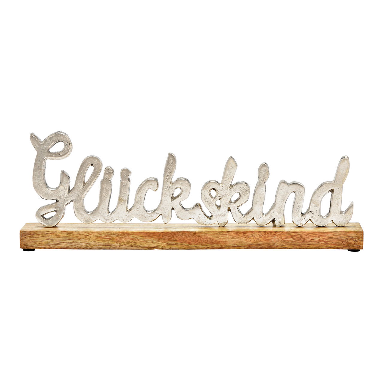 Display stand lettering, lucky child, on mango wood base made of silver metal (W/H/D) 40x14x5cm