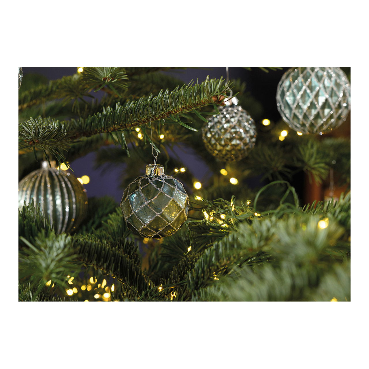 Weihnachtskugel Glitter aus Glas, 4-fach, Türkis/Silber Ø6cm Pflanze, Baum, Weihnachtsdekorationen, Festival, Zubehör