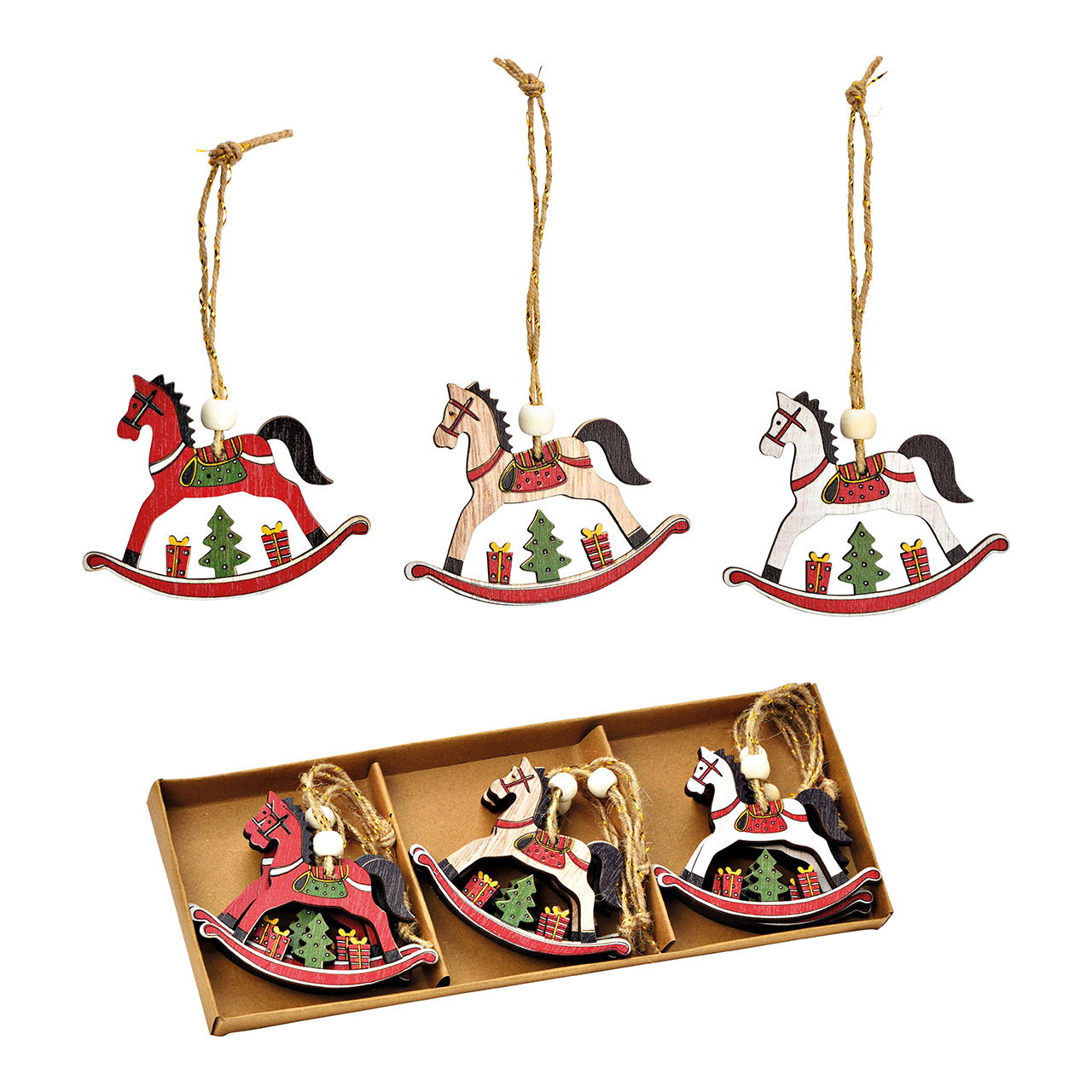 Cavallo a dondolo da appendere 8x6x1cm set di 9, in legno rosso, rosa, bianco (L/H/D) 26x10x2cm