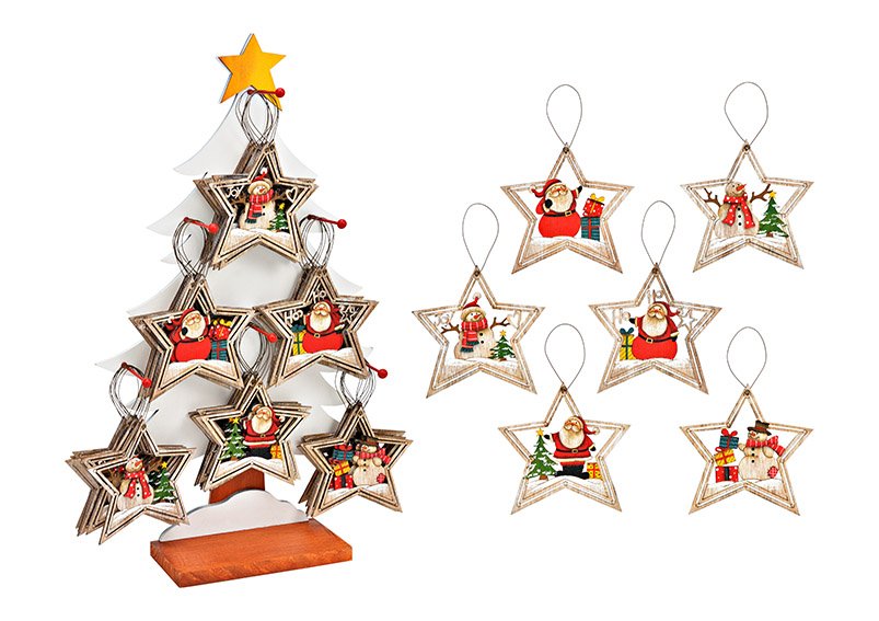 Appendino natalizio in legno Star bianco a 6 pieghe, (L/A) 13x14cm su supporto per albero 34x58x10cm