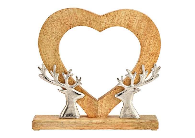 Heart with metal deer head decor, made of mango wood natural (W/H/D) 26x26x6cm