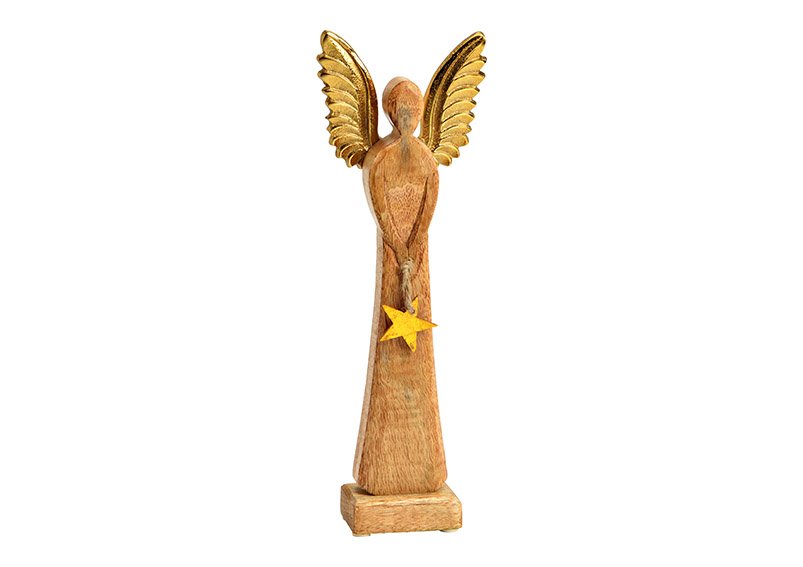 Présentoir ange avec ailes en métal, étoile pendentif en bois de manguier brun, or (L/H/P) 12x34x6cm
