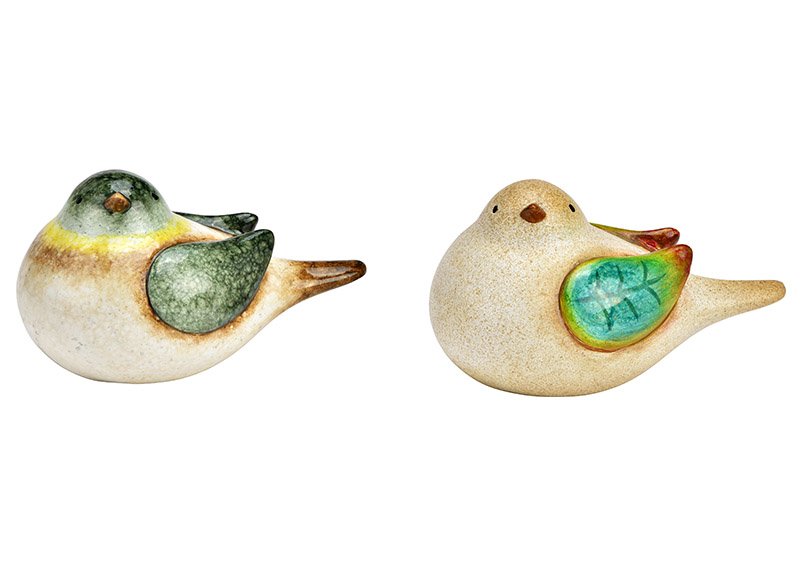 Uccello in ceramica naturale, verde 2 pieghe, (L/H/D) 14x8x10cm