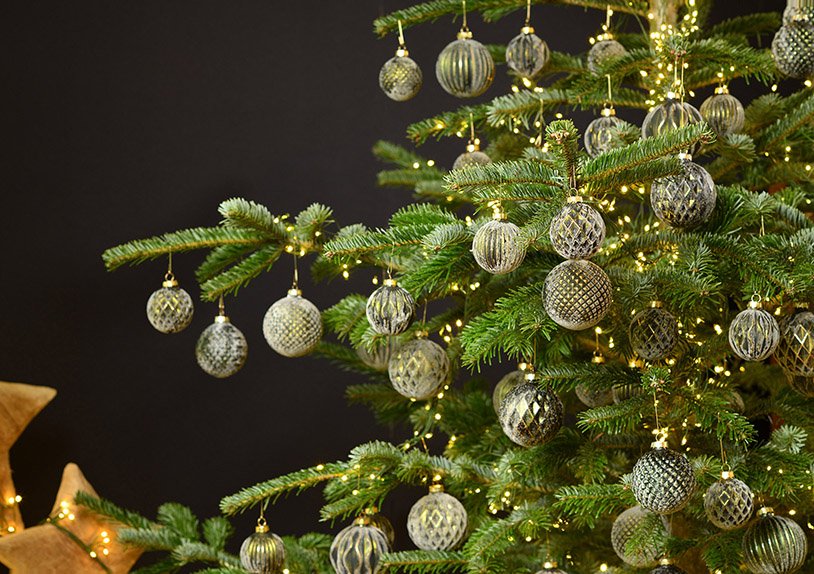 Weihnachtskugel aus Glas Grün, gold 4-fach, (B/H/T) 8x8x8cm