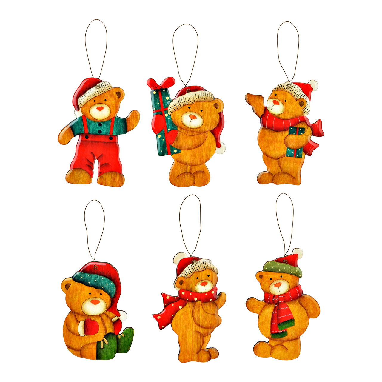 Weihnachtshänger Bär aus Holz, 6-fach, Bunt (B/H) 9x11cm auf Baumständer (B/H/T)35x57x12cm
