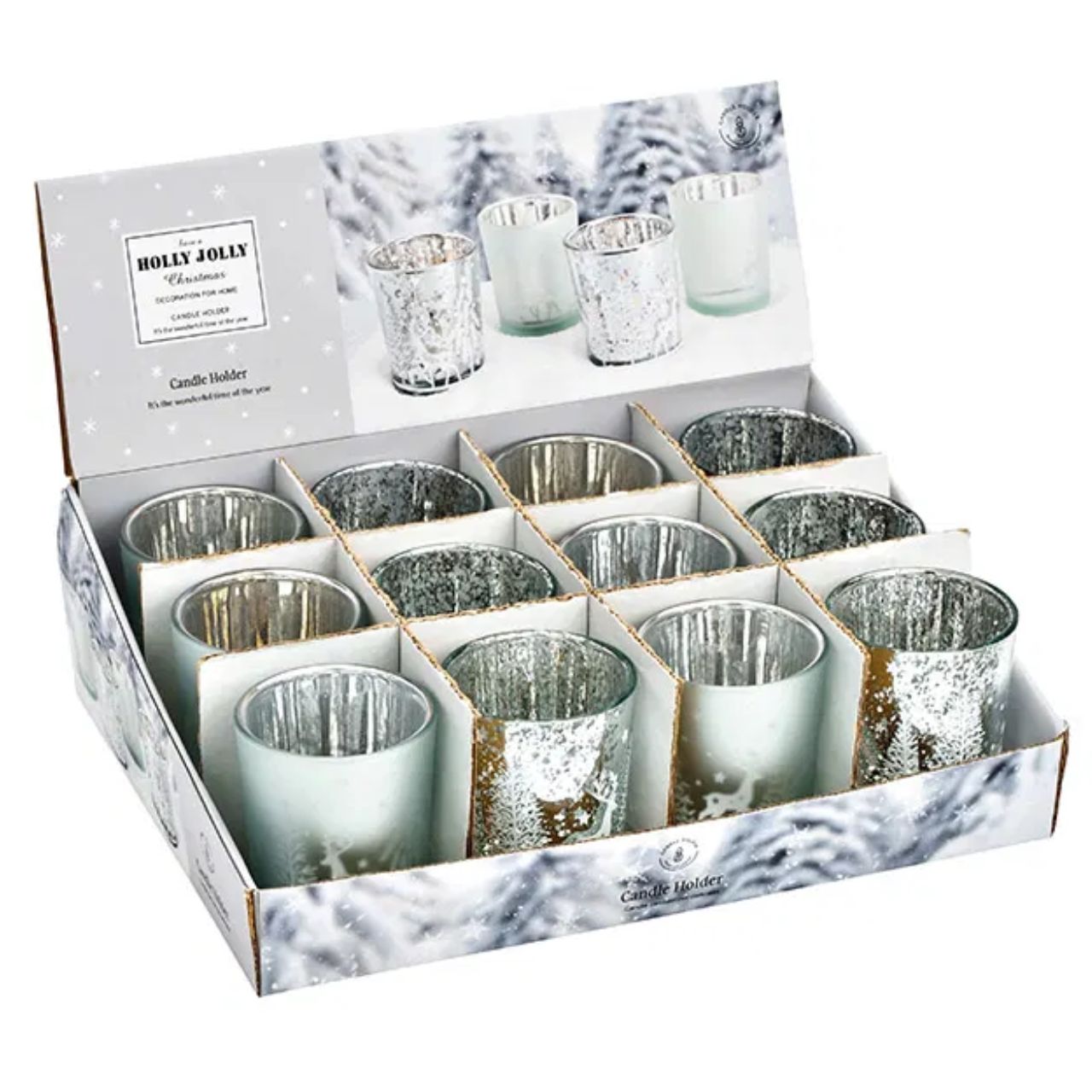 Scena invernale di luce del vento in vetro argento 2 pieghe, (L/A/D) 6x7x6cm 12er DIsplay, 25x14x17cm Kerzenhalter, Glasbecher, Holly Jolly, Winterdeko, Set of 12
