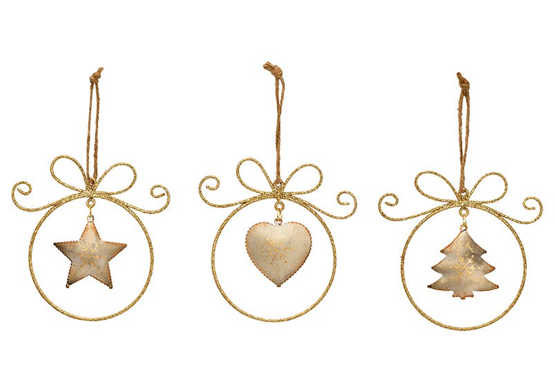 Appendino natalizio cuore, abete, stella in metallo dorato a 3 pieghe, (L/H/D) 11x11x1cm
