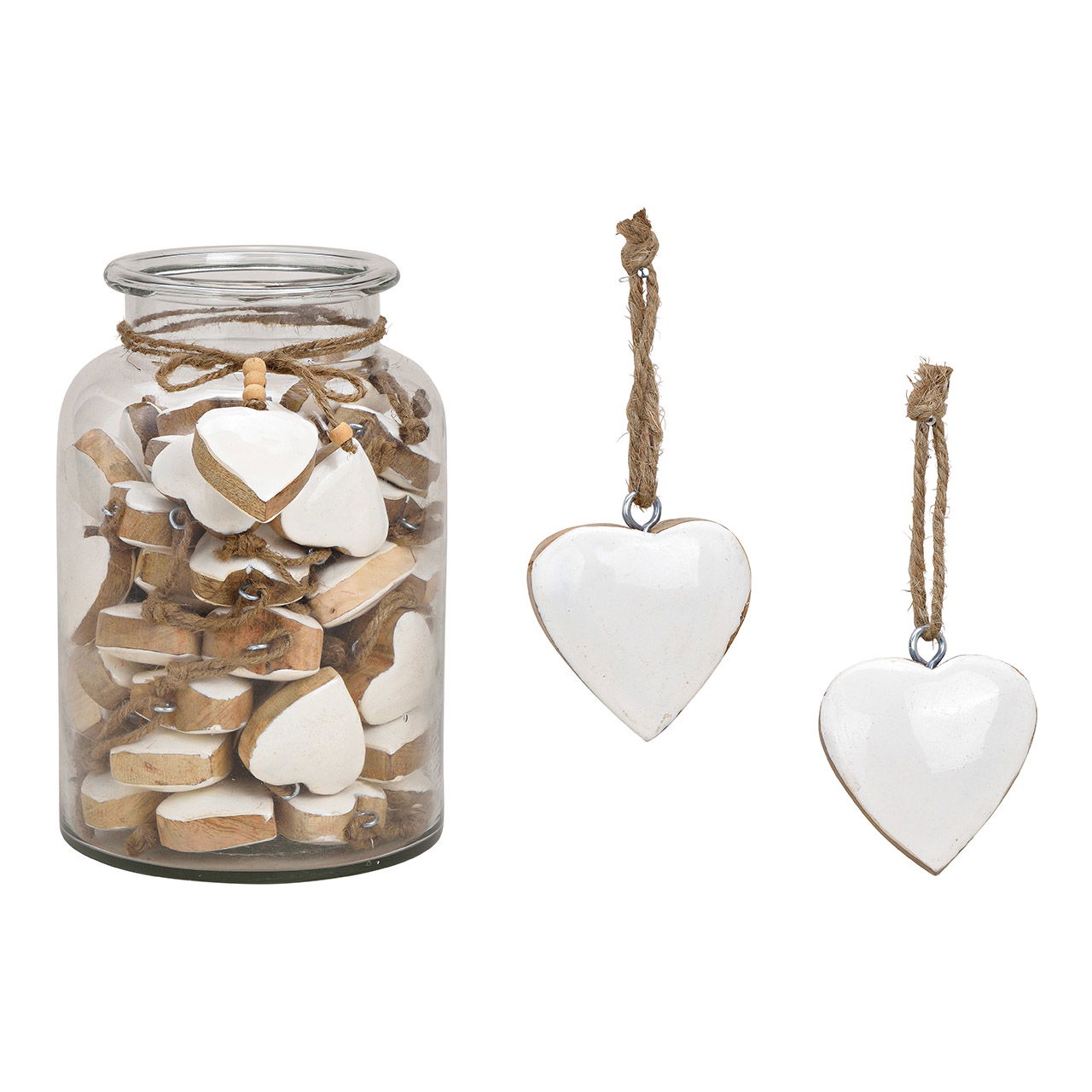 Hanger heart mango wood white, 5x5x3cm 60 pcs. in a jar 16x26x16cm