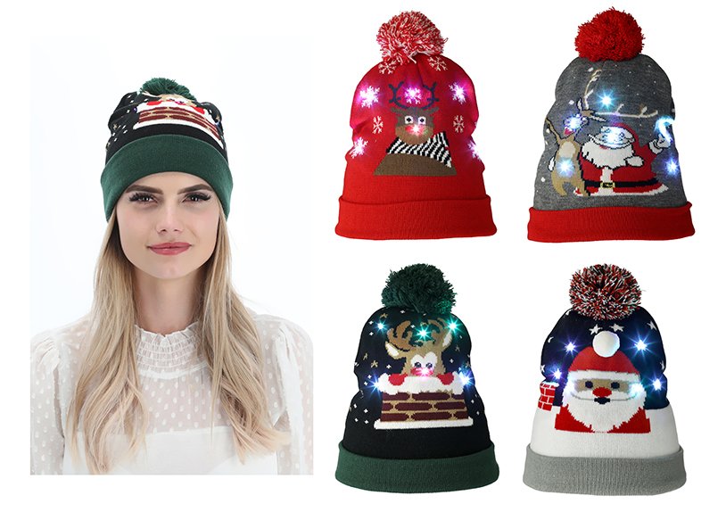Mütze LED Weihnachten mit 6er LED aus Textil Bunt 4-fach,