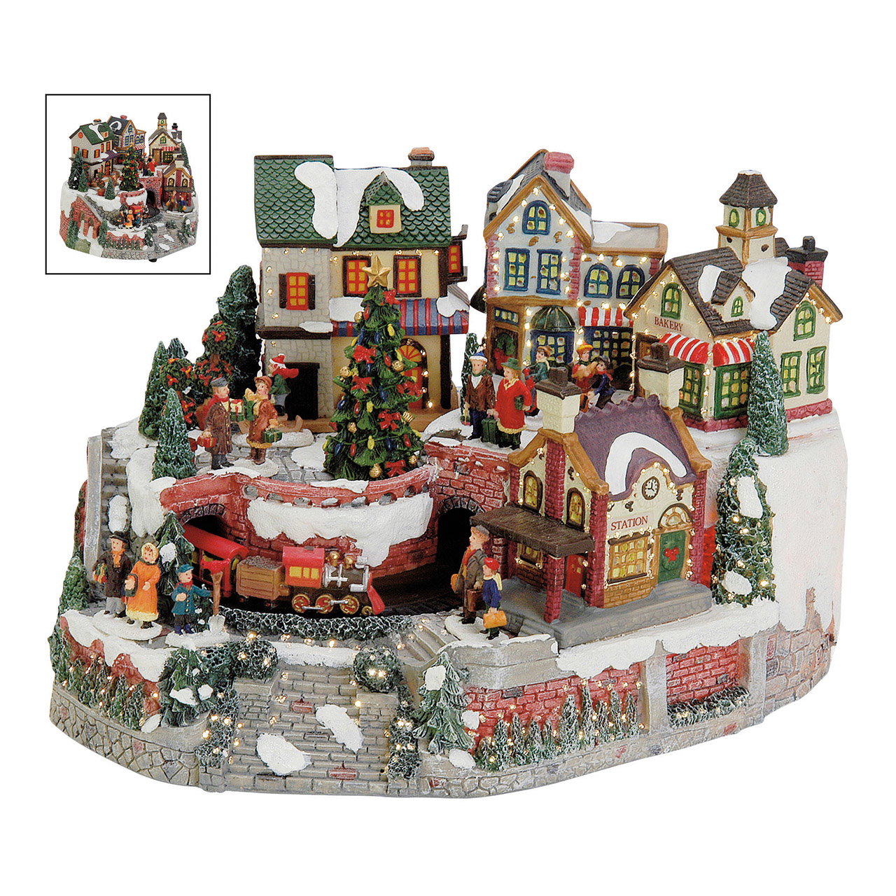 Winterdorf-Szene mit Licht, beweg. Zug aus Poly, B34 x T24 x H22 cm Christmastown, Schwibbogen, Diorama, Winterlandschaft, Figurenpark