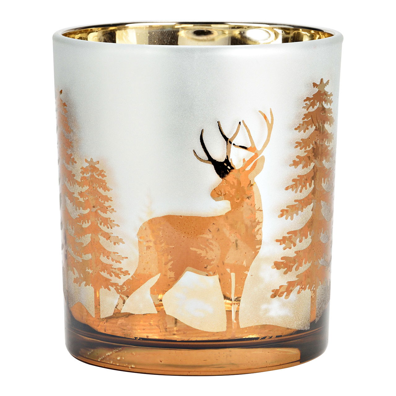Szklana lampka z motywem jelenia w zimowym lesie, kolor szampanowy (szer. x wys. x gl.) 9 x 10 x 9 cm Tier, Hirsch, Säugetier, Tierwelt, Pokal