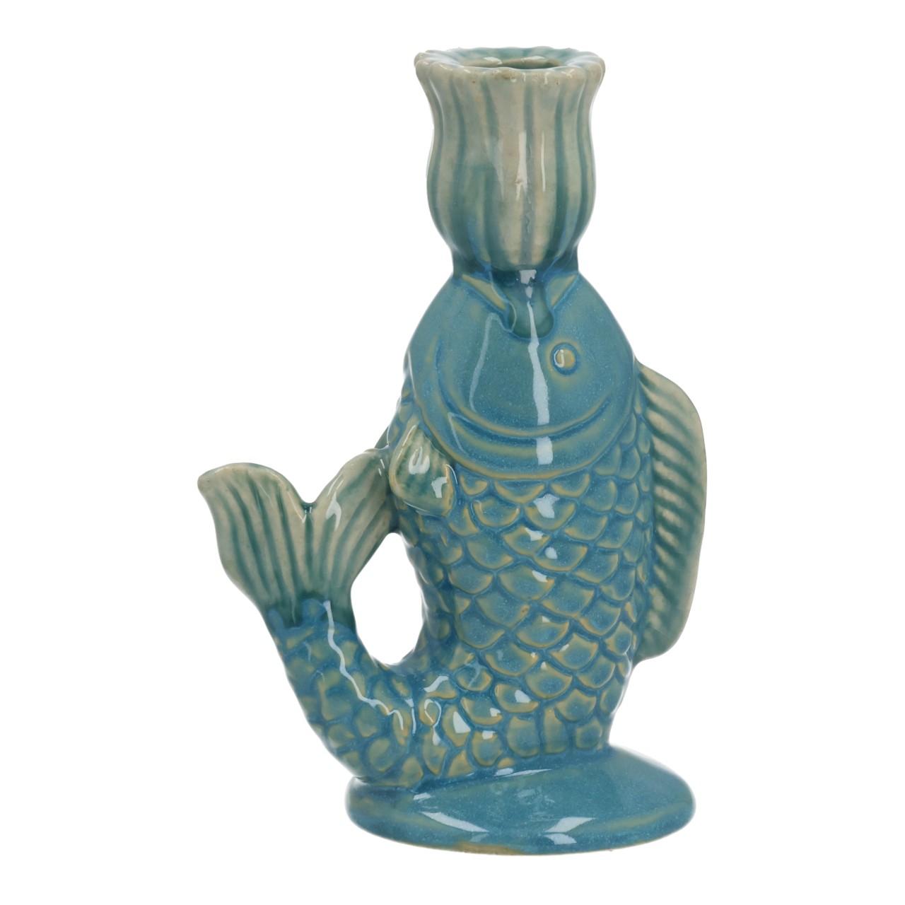 figural candlestick, mermaid shape, teal color, glazed ceramic, fish scale pattern