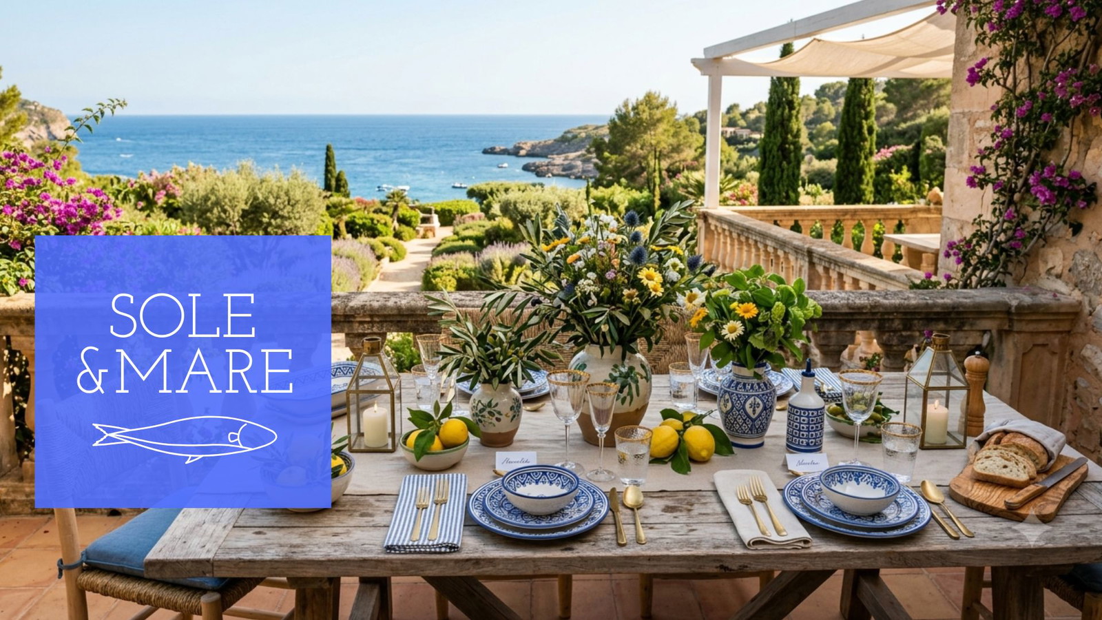 meze-tisch, blumen-deko, terrassen-setup, gartentisch, meeresblick