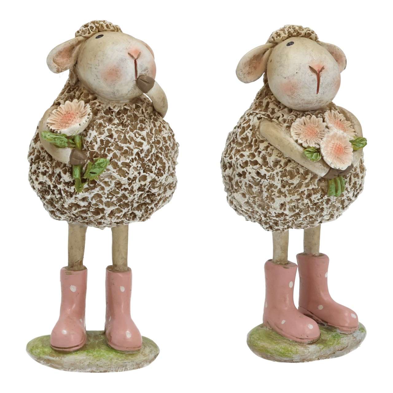 Schaf-Figur, Dekofigur, Gartenfigur, Rosa Stiefel, Blumenstrauß