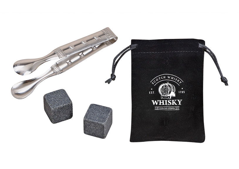 Whisky Stein Set, cubes de glace en basalte 2x2x2cm, une pince dans une boîte en bois Gris12er Set, (L/H/P) 13x10x4cm