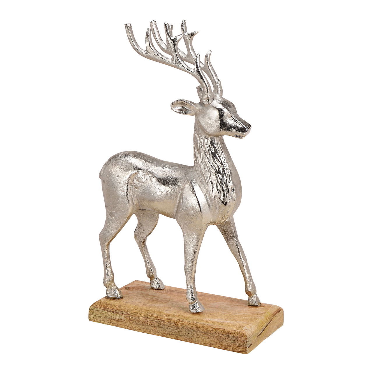 Cerf en alu sur socle en bois de manguier, argent (L/H/P) 28x47x10cm