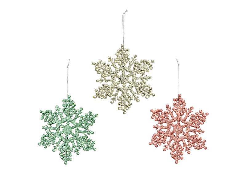 Hanger sneeuwvlok met glitter van kunststof champagne, groen, roze 3-voudig, (B/H) 12x14cm