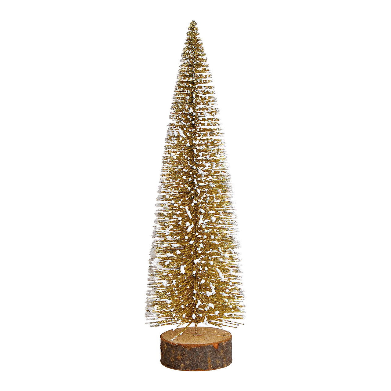 Árbol de Navidad sobre tronco de árbol con purpurina de plástico dorado (A/A/P) 7x25x7cm