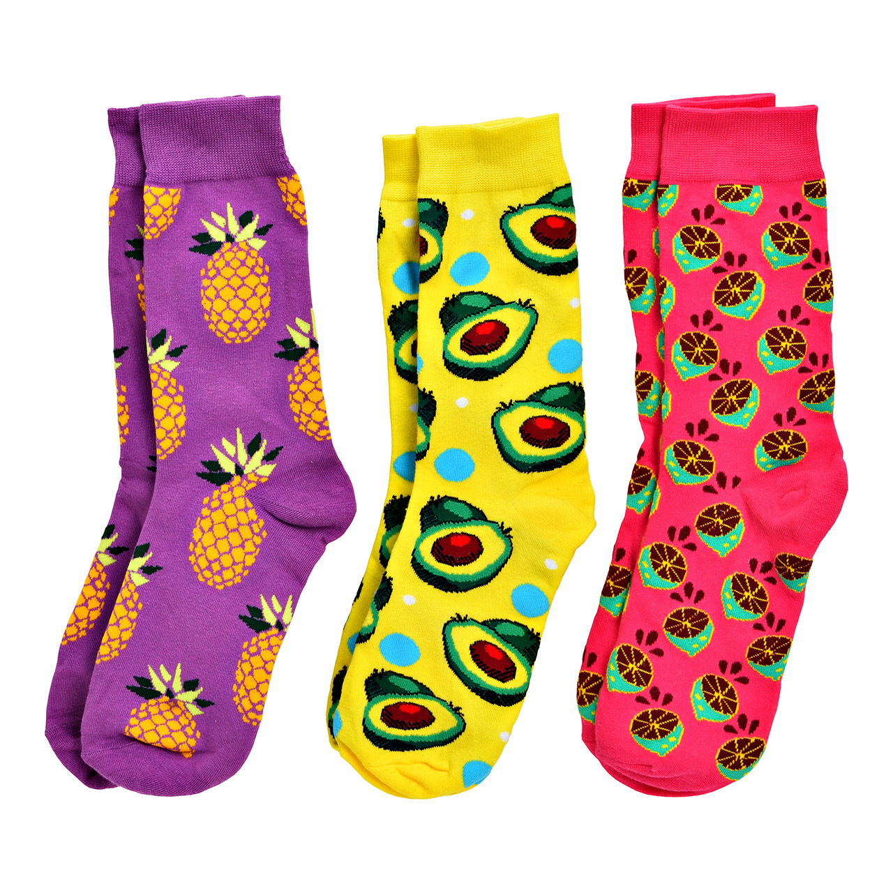 Calcetines de frutas en lata 1 par de algodón, triples, rosa/morado/amarillo (A/A/A) 6x11x6cm Bekleidung, Strumpfwaren, Socke, Muster
