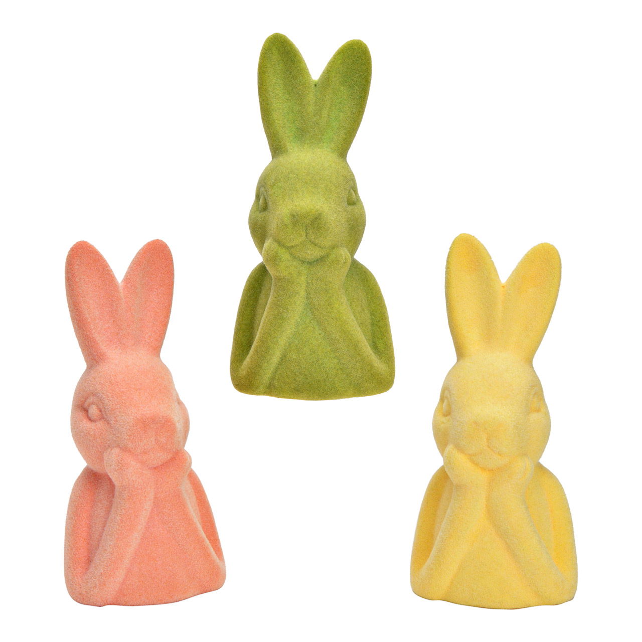 Figurina di coniglio in ceramica floccata, a 3 pieghe, giallo/rosa/verde (L/H/D) 6x13x6cm Spielzeug