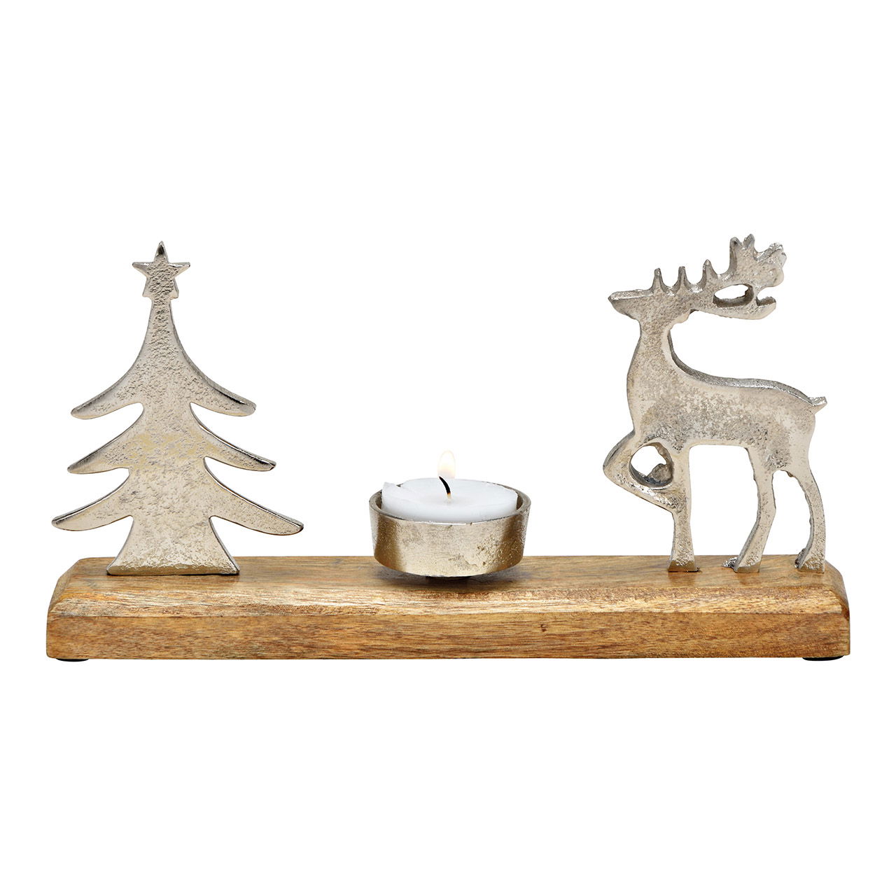 Albero porta tealight, decorazione di cervo su base di legno di mango di metallo argento, (L/H/D) 23x12x5cm