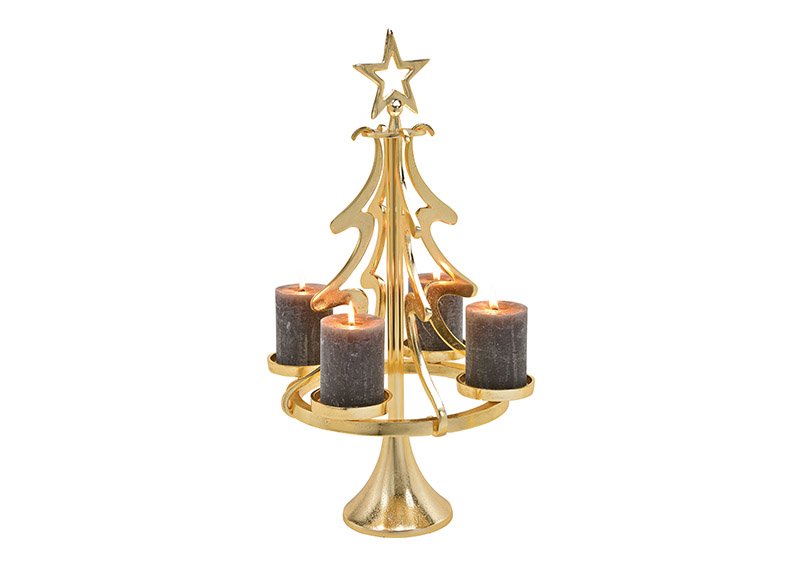 Tealight holder, advent arrangement fir tree for 4 tealight made of metal gold 32x55x32cm