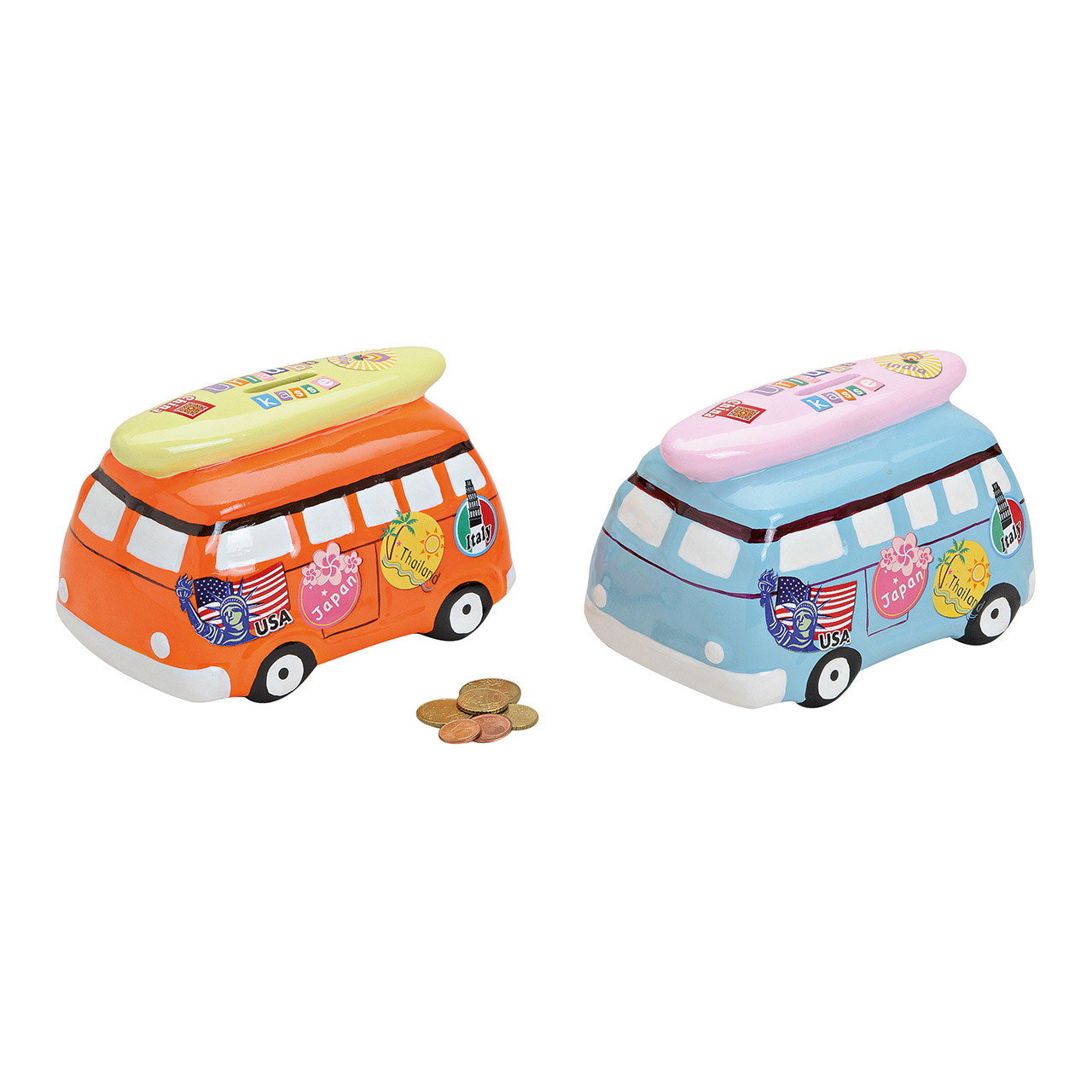 Bus, Spielzeugbus, Münzspielfigur, Reisesouvenir, Bunt