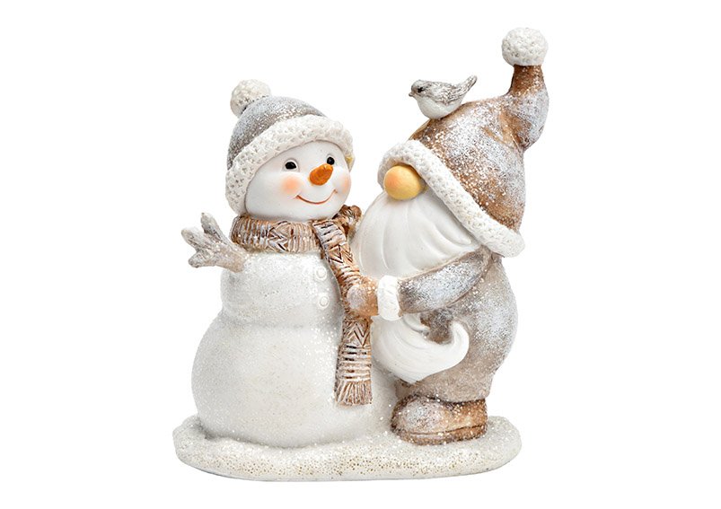 Père Noël avec bonhomme de neige en poly blanc, beige (L/H/P) 10x12x6cm
