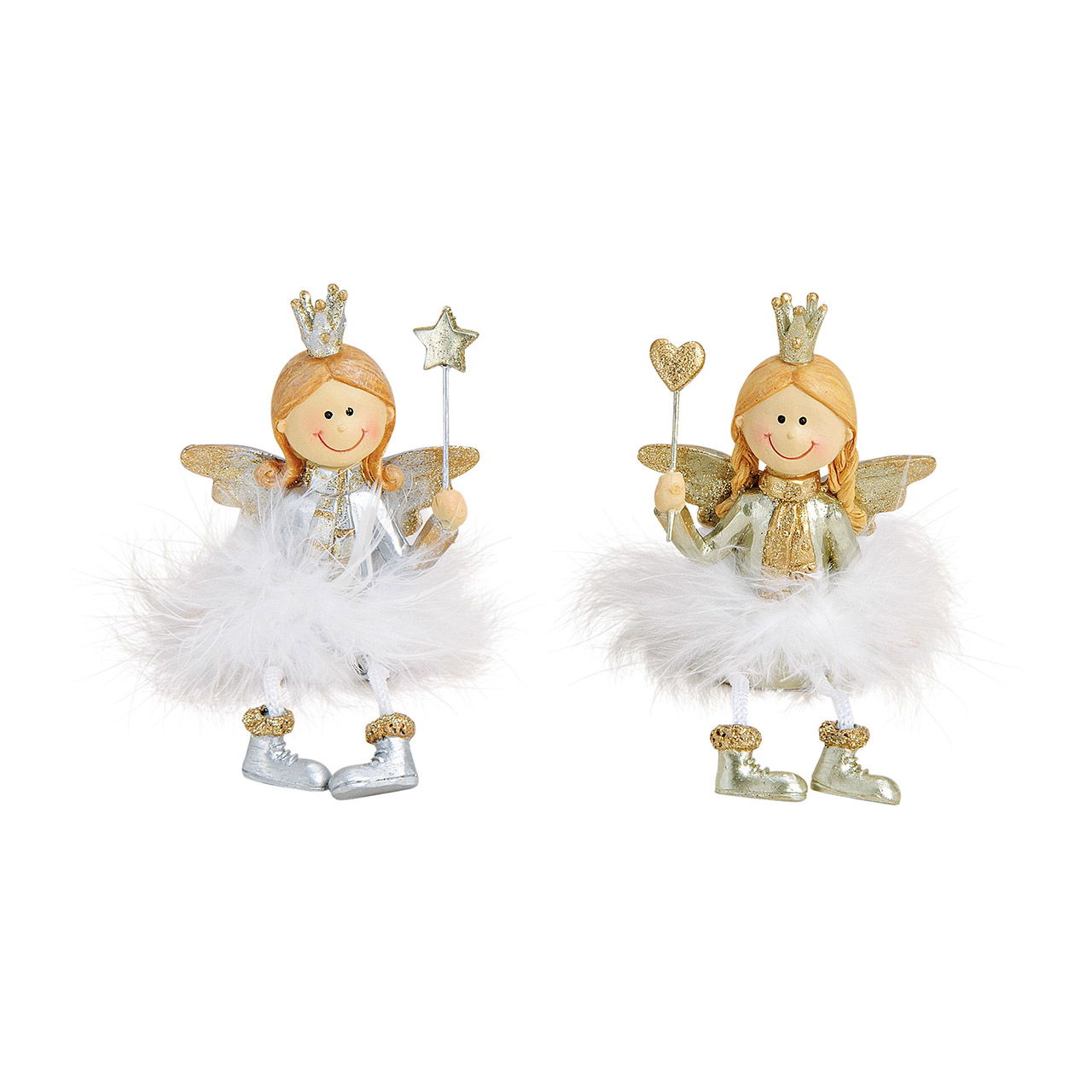 Kantenhocker Engel mit Herz, Stern, Feder-Rock aus Poly Gold, silber mit Glitter 2-fach, (B/H/T) 6x14x3cm Puppe, Spielzeug, Gesicht, Kopf, Person
