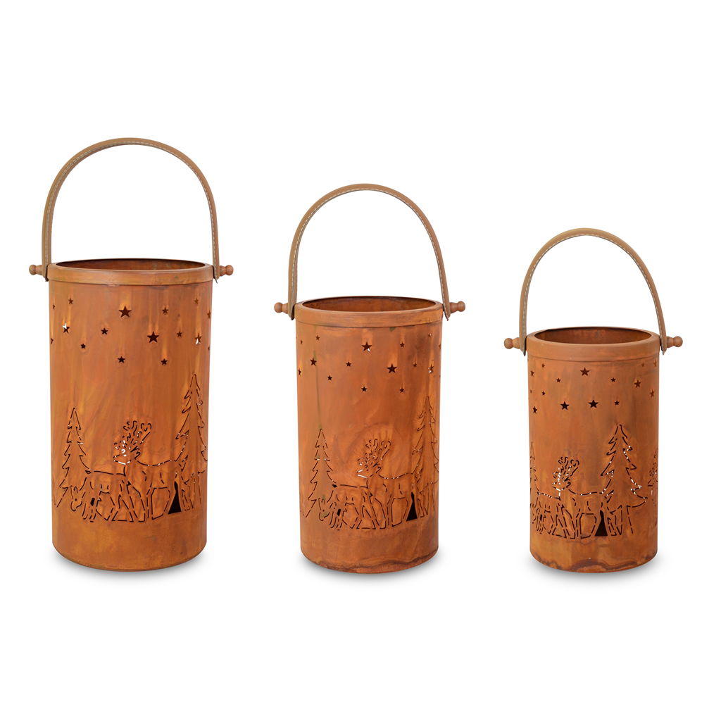 Set farolillo decoración bosque, metal, 20x20x36 cm / 18x18x30 cm / 15x15x26 cm, 3 piezas/set, marrón-dorado EAN 18x18x30cm: 4065557000268 EAN 15x15x26cm: 4065557000275 Eimer, Zubehör, Tasche, Handtasche
