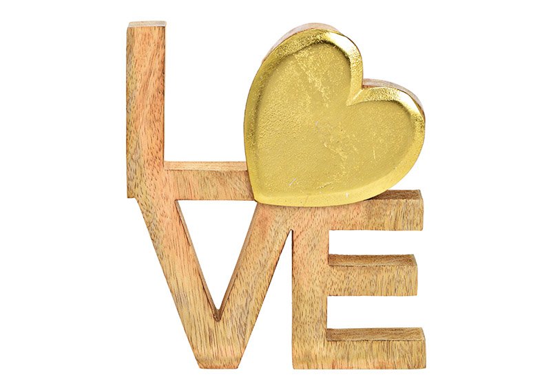 Stand lettering, Love, made of mango wood, metal natural, gold (W/H/D) 16x19x4cm
