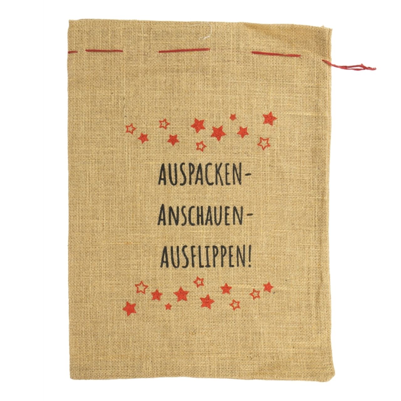 RW_12338_Jutesack Auspacken-Anschauen-Ausflippen, Jute, 36x48cm Sack, Jute, Aufbewahrung, Spruch, Stars