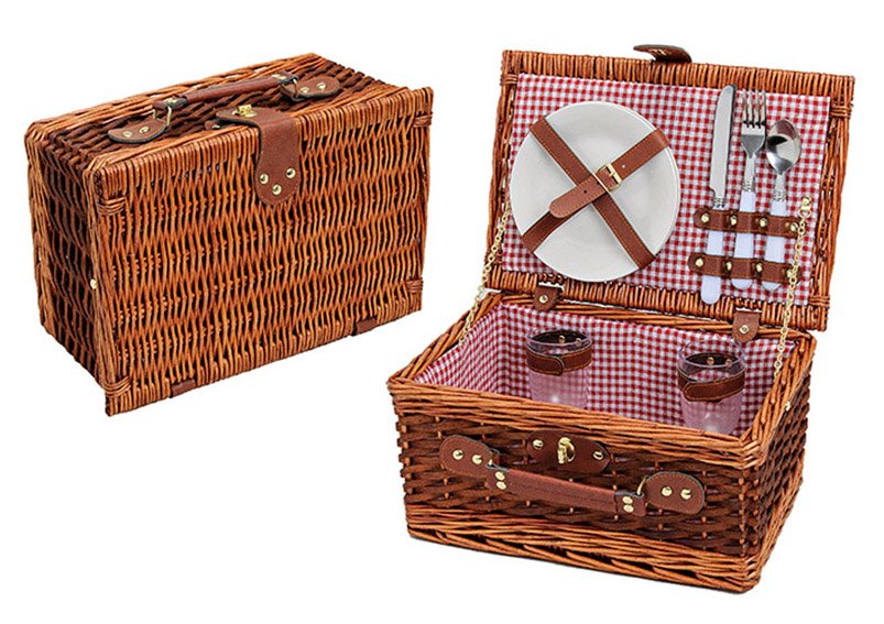 Cestino da picnic per 2 persone, in salice, a scacchi rossi, 11 pezzi, (p/p) 36x18x25 cm