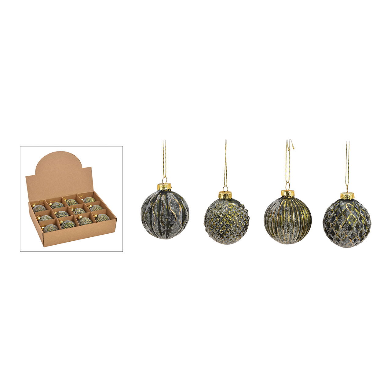 Weihnachtskugel Glitter aus Glas, 4-fach, Grün/Gold Ø6cm Zubehor, Ohrring, Schmuck