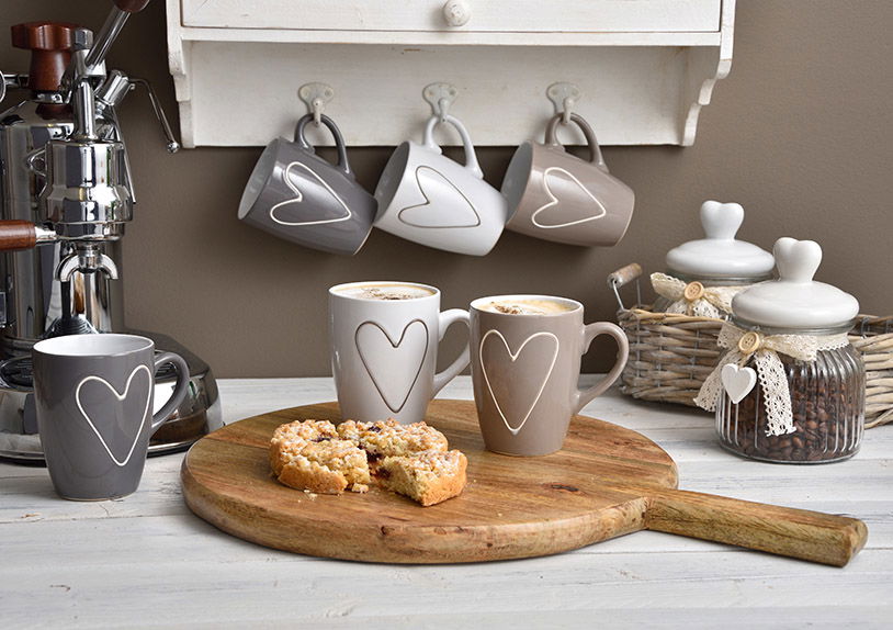 Becher Herz aus Keramik, 3-fach sortiert, 11x10x8cm 300 ml Pokal, Töpferei, Porzellan, Tabelle, Süßigkeiten