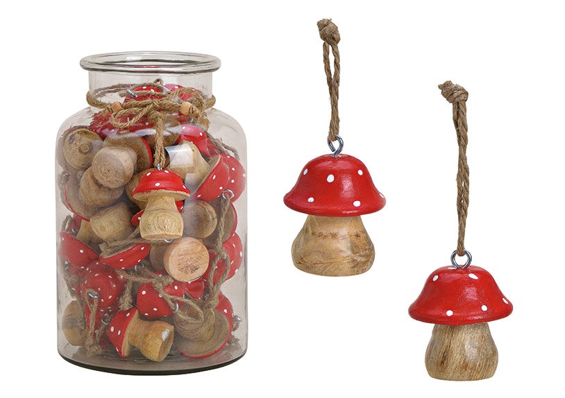 Hanging mushroom from wood red (h) 5cm 40 pcs. in glass 16x26x16cm