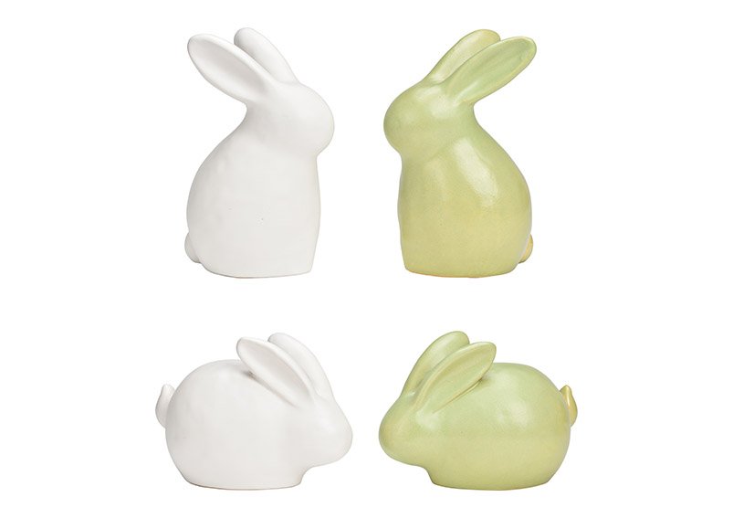 Coniglietto in ceramica verde, bianco opaco 4 pieghe, (L/H/D) 11x16x9cm