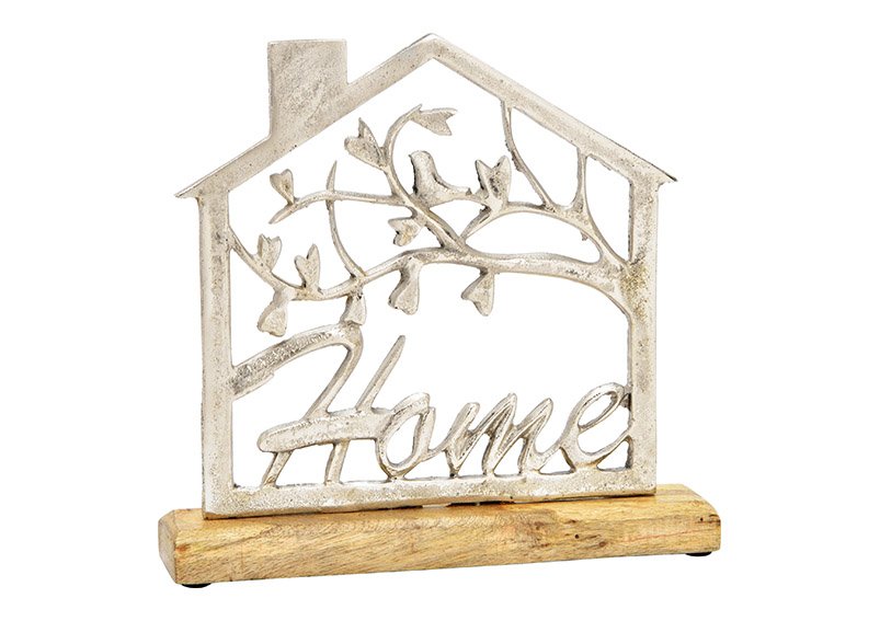 Aufsteller Haus, Schriftzug, Home, auf Mangoholz Sockel, aus Metall Silber (B/H/T) 25x24x5cm