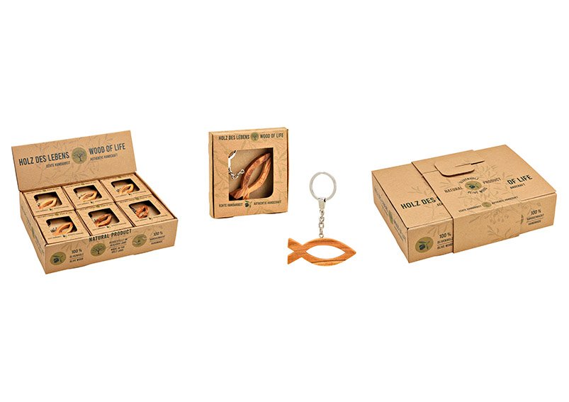 Porte-clés poisson dans boîte cadeau, fait main en bois d'olivier, (L/H/P) 1,2x2,5x0,7 cm