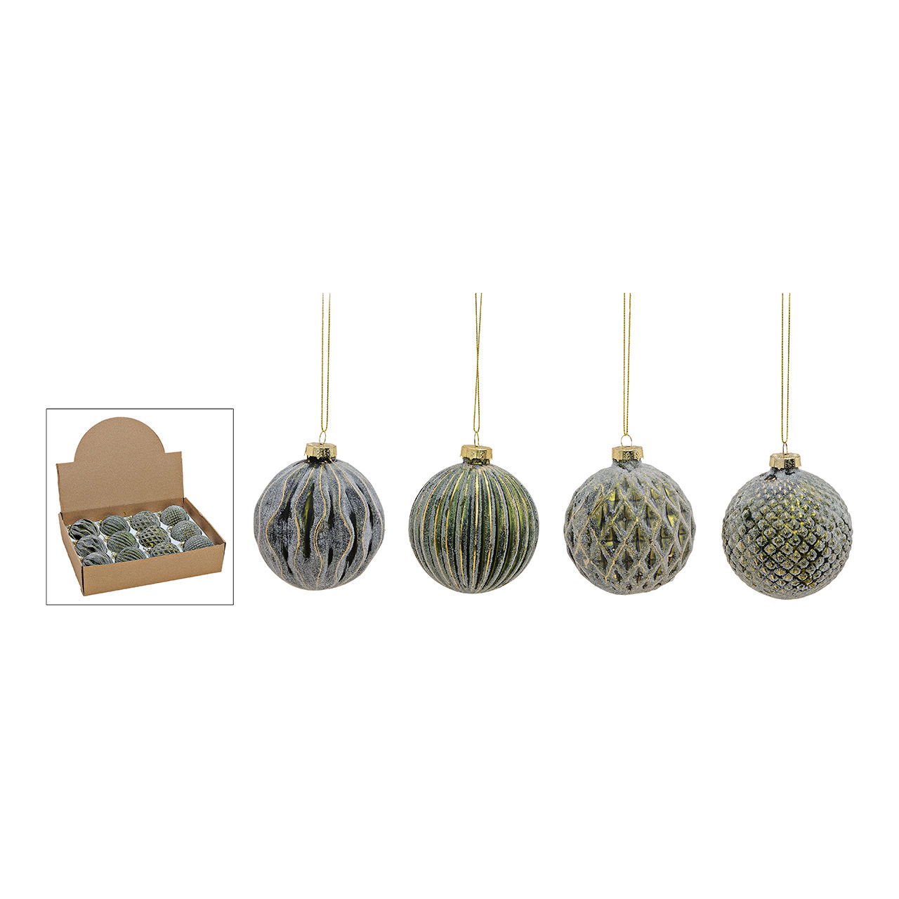 Weihnachtskugel aus Glas, 4-fach, Grün/Gold Ø8cm Zubehor, Ohrring, Schmuck